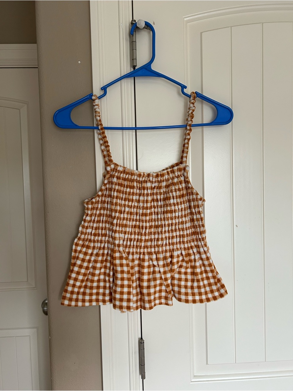 SO Women's Brown and White Gingham Smocked Tank Top